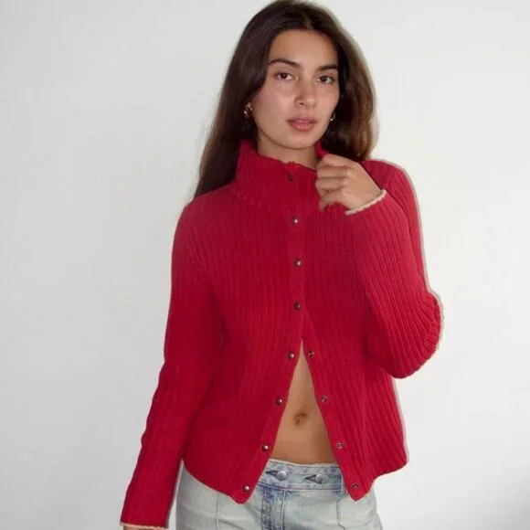 Vintage Armani Jeans Cherry Red Button Cardigan Knit Ribbed Cotton Sweater